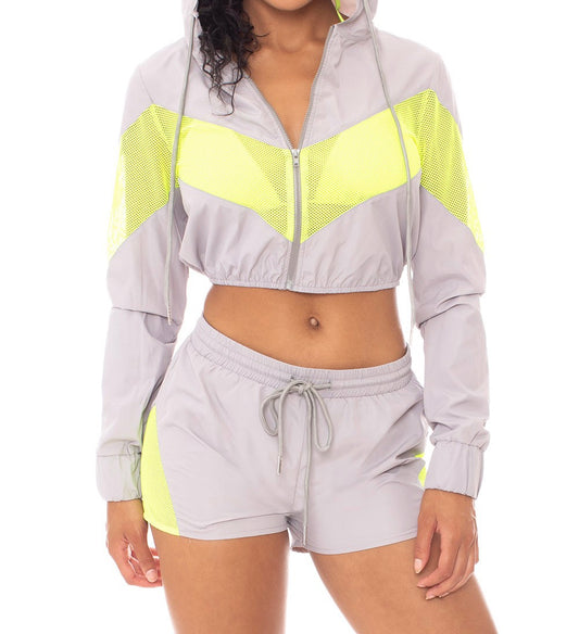 Active Mesh Cropped Jacket and Short Set -Gray/Neon Yellow