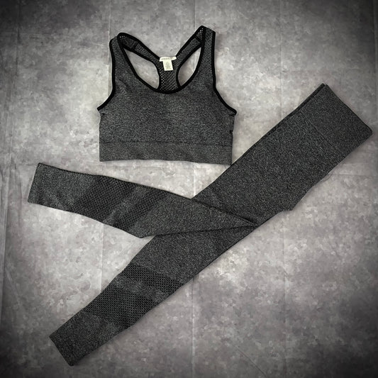 Mesh Leggings and Sport Bra Set -Charcoal