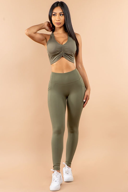 Olive Green Ruching 2 pc set Legging and Sport Bra